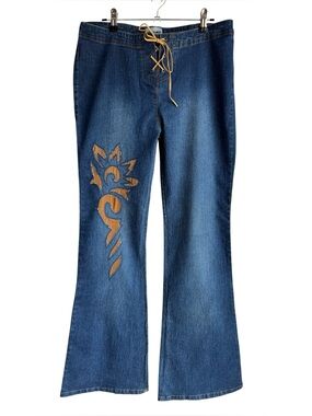 Y2K Lace Up Low Rise Flare Jeans 33/34 Denim Bell Bottom Tribal Flame Skater